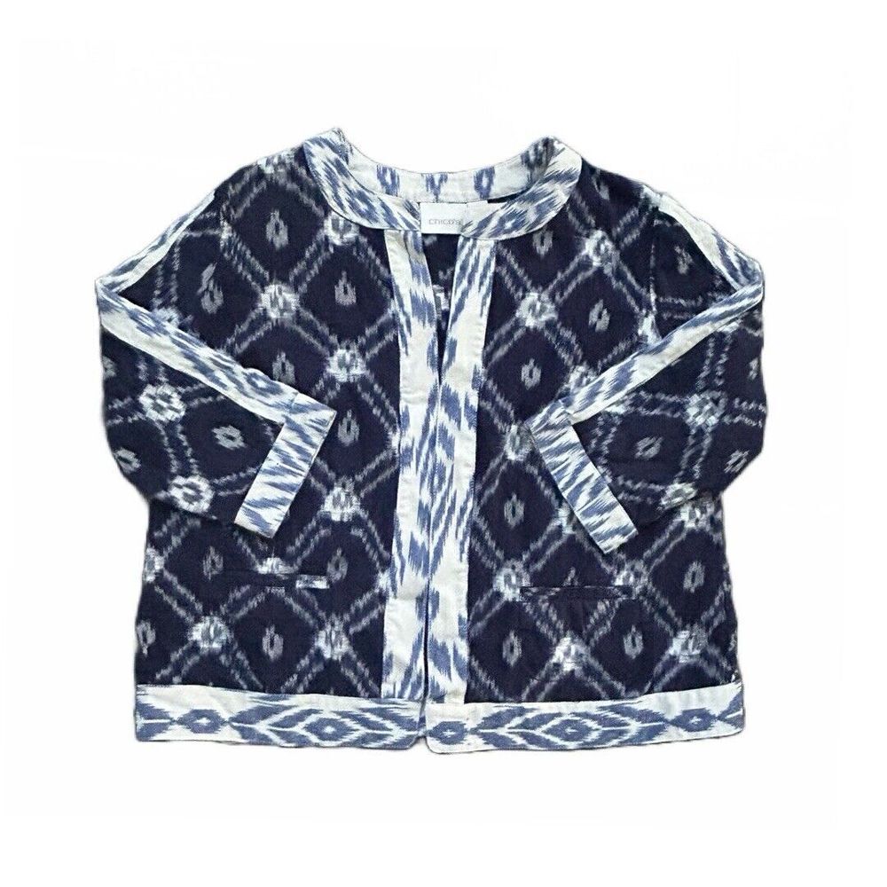 Chicos Ikat Jacquard Diamond‎ Pattern Cotton Open Front Jacket Women's Petite 3